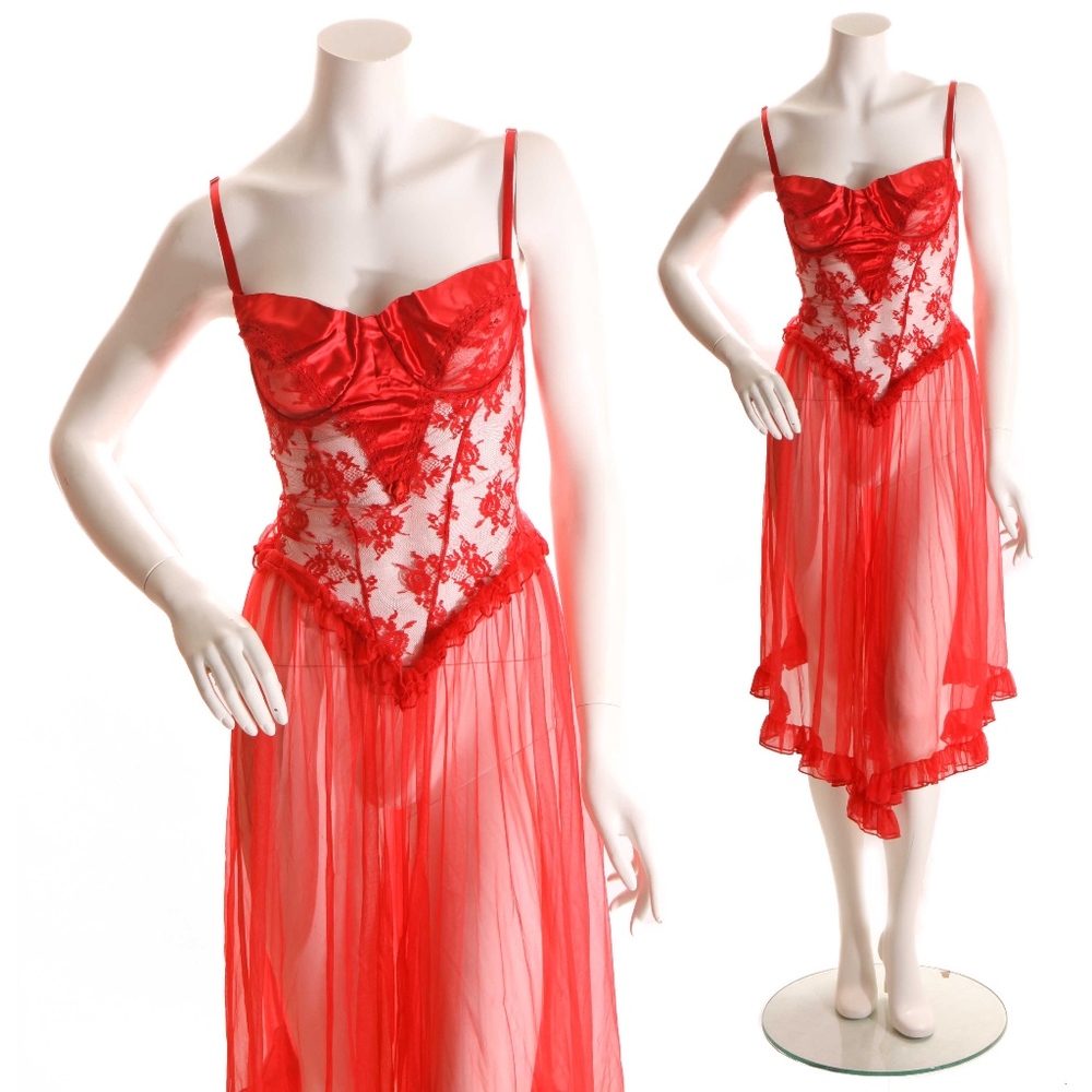 1980s Sheer Red Nylon Ruffle Lace Lingerie Gown